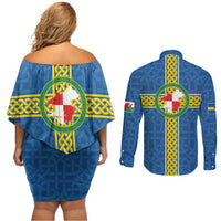 Pembrokeshire Wales Couples Matching Off Shoulder Short Dress and Long Sleeve Button Shirt Flag And Map Celtic Style - Wonder Print Shop