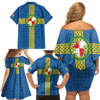 Pembrokeshire Wales Family Matching Off Shoulder Short Dress and Hawaiian Shirt Flag And Map Celtic Style - Wonder Print Shop