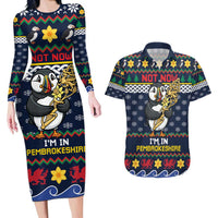 Personalized Pembrokeshire Wales Christmas Couples Matching Long Sleeve Bodycon Dress and Hawaiian Shirt The Lovespoon Puffin - Wonder Print Shop