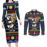 Personalized Pembrokeshire Wales Christmas Couples Matching Long Sleeve Bodycon Dress and Long Sleeve Button Shirt The Lovespoon Puffin - Wonder Print Shop