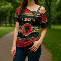 Personalized Albania Eagle Cross Shoulder Shirt Red and Black Heritage - Wonder Print Shop
