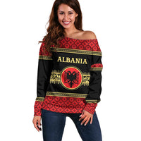 Personalized Albania Eagle Off Shoulder Sweater Red and Black Heritage - Wonder Print Shop
