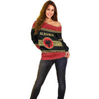 Personalized Albania Eagle Off Shoulder Sweater Red and Black Heritage - Wonder Print Shop