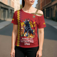 Custom World Football 2026 Spain Cross Shoulder Shirt Spanish Bull Rising Champions - Wonder Print Shop