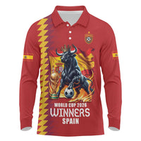 Custom World Football 2026 Spain Long Sleeve Polo Shirt Spanish Bull Rising Champions - Wonder Print Shop