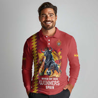 Custom World Football 2026 Spain Long Sleeve Polo Shirt Spanish Bull Rising Champions - Wonder Print Shop