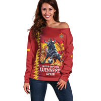Custom World Football 2026 Spain Off Shoulder Sweater Spanish Bull Rising Champions - Wonder Print Shop