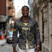 Custom World Football 2026 Ghana Long Sleeve Button Shirt Black Stars Rise with Black Adinkra Pattern