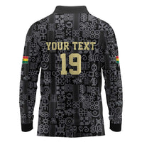 Custom World Football 2026 Ghana Long Sleeve Polo Shirt Black Stars Rise with Black Adinkra Pattern