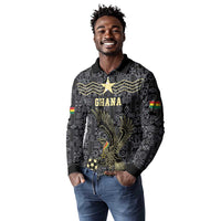 Custom World Football 2026 Ghana Long Sleeve Polo Shirt Black Stars Rise with Black Adinkra Pattern
