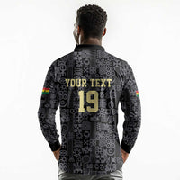 Custom World Football 2026 Ghana Long Sleeve Polo Shirt Black Stars Rise with Black Adinkra Pattern