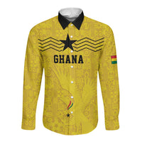 Custom World Football 2026 Ghana Long Sleeve Button Shirt Black Stars Rise with Yellow Adinkra Pattern
