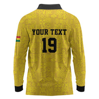 Custom World Football 2026 Ghana Long Sleeve Polo Shirt Black Stars Rise with Yellow Adinkra Pattern