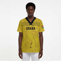 Custom World Football 2026 Ghana Scrub Top Black Stars Rise with Yellow Adinkra Pattern