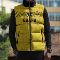 Custom World Football 2026 Ghana Sleeveless Puffer Jacket Black Stars Rise with Yellow Adinkra Pattern
