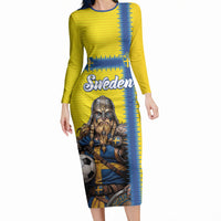 Custom World Football 2026 Sweden Long Sleeve Bodycon Dress Go Blagult Viking Glory