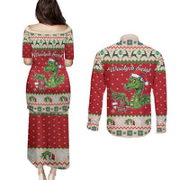 Poland Dinosaur Christmas Couples Matching Puletasi and Long Sleeve Button Shirt Polish Smok Wawelski Wesołych Swiat - Wonder Print Shop