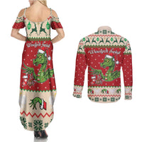 Poland Dinosaur Christmas Couples Matching Summer Maxi Dress and Long Sleeve Button Shirt Polish Smok Wawelski Wesołych Swiat - Wonder Print Shop