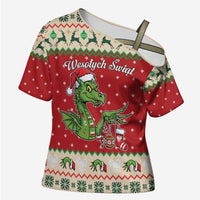 Poland Dinosaur Christmas Cross Shoulder Shirt Polish Smok Wawelski Wesołych Swiat - Wonder Print Shop