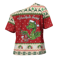 Poland Dinosaur Christmas Cross Shoulder Shirt Polish Smok Wawelski Wesołych Swiat - Wonder Print Shop