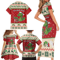 Poland Dinosaur Christmas Family Matching Short Sleeve Bodycon Dress and Hawaiian Shirt Polish Smok Wawelski Wesołych Swiat - Wonder Print Shop