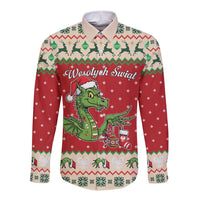 Poland Dinosaur Christmas Long Sleeve Button Shirt Polish Smok Wawelski Wesołych Swiat - Wonder Print Shop