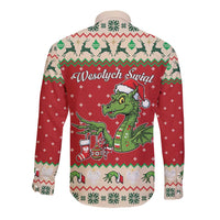 Poland Dinosaur Christmas Long Sleeve Button Shirt Polish Smok Wawelski Wesołych Swiat - Wonder Print Shop