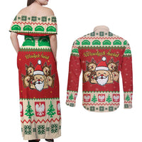 Poland Christmas Couples Matching Off Shoulder Maxi Dress and Long Sleeve Button Shirt Pierogi Mascot Santa Claus Wesołych Swiat - Wonder Print Shop
