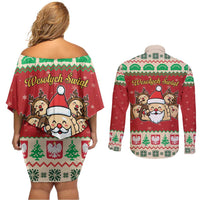 Poland Christmas Couples Matching Off Shoulder Short Dress and Long Sleeve Button Shirt Pierogi Mascot Santa Claus Wesołych Swiat - Wonder Print Shop