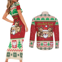 Poland Christmas Couples Matching Short Sleeve Bodycon Dress and Long Sleeve Button Shirt Pierogi Mascot Santa Claus Wesołych Swiat - Wonder Print Shop