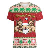 Poland Christmas Women V-Neck T-Shirt Pierogi Mascot Santa Claus Wesołych Swiat - Wonder Print Shop