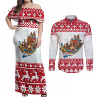 Malta Christmas Couples Matching Off Shoulder Maxi Dress and Long Sleeve Button Shirt Presepju Nativity Scene on Luzzu Boat - Wonder Print Shop
