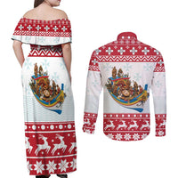 Malta Christmas Couples Matching Off Shoulder Maxi Dress and Long Sleeve Button Shirt Presepju Nativity Scene on Luzzu Boat - Wonder Print Shop