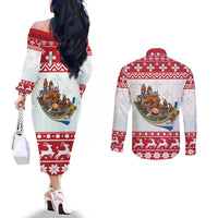 Malta Christmas Couples Matching Off The Shoulder Long Sleeve Dress and Long Sleeve Button Shirt Presepju Nativity Scene on Luzzu Boat - Wonder Print Shop