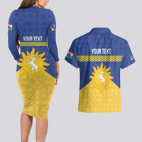 Personalized Merionethshire Wales Couples Matching Long Sleeve Bodycon Dress and Hawaiian Shirt Celtic Sun and Goat Design - Wonder Print Shop