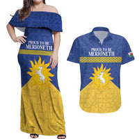Personalized Merionethshire Wales Couples Matching Off Shoulder Maxi Dress and Hawaiian Shirt Celtic Sun and Goat Design - Wonder Print Shop