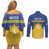 Personalized Merionethshire Wales Couples Matching Off Shoulder Short Dress and Long Sleeve Button Shirt Celtic Sun and Goat Design - Wonder Print Shop