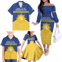 Personalized Merionethshire Wales Family Matching Off The Shoulder Long Sleeve Dress and Hawaiian Shirt Celtic Sun and Goat Design - Wonder Print Shop