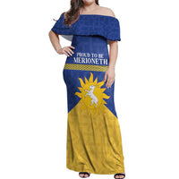 Personalized Merionethshire Wales Off Shoulder Maxi Dress Celtic Sun and Goat Design - Wonder Print Shop