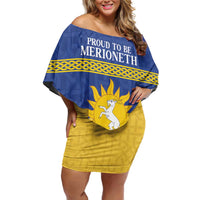 Personalized Merionethshire Wales Off Shoulder Short Dress Celtic Sun and Goat Design - Wonder Print Shop