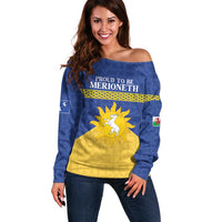 Personalized Merionethshire Wales Off Shoulder Sweater Celtic Sun and Goat Design - Wonder Print Shop