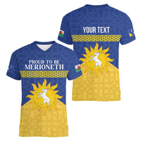 Personalized Merionethshire Wales Women V-Neck T-Shirt Celtic Sun and Goat Design - Wonder Print Shop