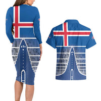 Iceland Hallgrimskirkja Church Couples Matching Long Sleeve Bodycon Dress and Hawaiian Shirt Icelandic Flag Design - Wonder Print Shop