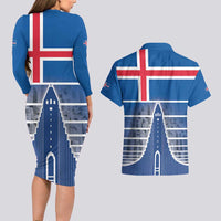 Iceland Hallgrimskirkja Church Couples Matching Long Sleeve Bodycon Dress and Hawaiian Shirt Icelandic Flag Design - Wonder Print Shop