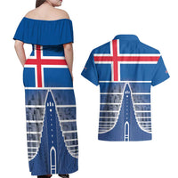 Iceland Hallgrimskirkja Church Couples Matching Off Shoulder Maxi Dress and Hawaiian Shirt Icelandic Flag Design - Wonder Print Shop