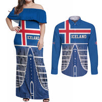 Iceland Hallgrimskirkja Church Couples Matching Off Shoulder Maxi Dress and Long Sleeve Button Shirt Icelandic Flag Design - Wonder Print Shop