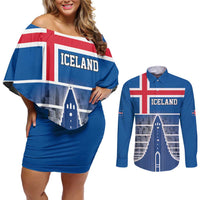 Iceland Hallgrimskirkja Church Couples Matching Off Shoulder Short Dress and Long Sleeve Button Shirt Icelandic Flag Design - Wonder Print Shop