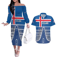 Iceland Hallgrimskirkja Church Couples Matching Off The Shoulder Long Sleeve Dress and Hawaiian Shirt Icelandic Flag Design - Wonder Print Shop