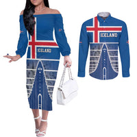 Iceland Hallgrimskirkja Church Couples Matching Off The Shoulder Long Sleeve Dress and Long Sleeve Button Shirt Icelandic Flag Design - Wonder Print Shop