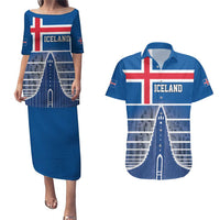 Iceland Hallgrimskirkja Church Couples Matching Puletasi and Hawaiian Shirt Icelandic Flag Design - Wonder Print Shop